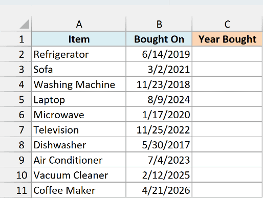 Household items with the date each was bought beside an empty Year Bought column