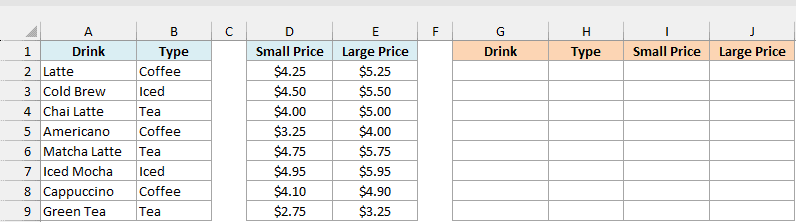 Coffee drink list with types and a separate small and large price block beside an empty combined table