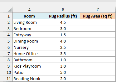 Ten round rugs with their radius in feet beside an empty Rug Area column