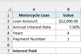 Motorcycle loan of $12,000 at 7.5% for 4 years with payment number 1 and an empty Interest Paid cell