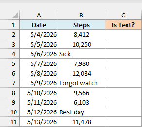Daily step log with Sick, Forgot watch, and Rest day notes and an empty Is Text? column