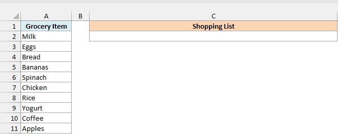 Grocery items with empty Shopping List result cell