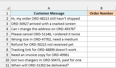Customer messages that each mention an order number, beside an empty Order Number column