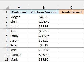 Customer purchases with the purchase amount beside an empty Points Earned column