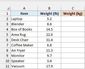 Shipping items with weight in pounds beside an empty Weight (kg) column
