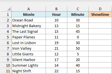 Cinema schedule with the hour and minute of each showtime in separate columns and an empty Showtime column