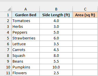 Square garden beds with the side length in feet beside an empty Area column