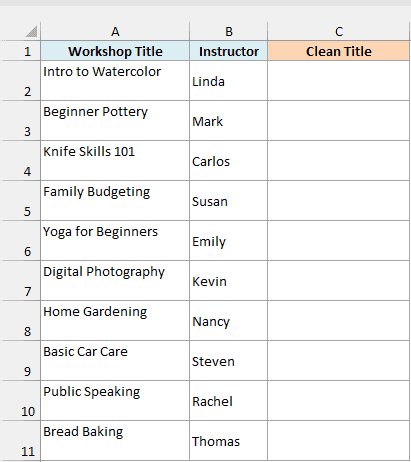 Workshop titles with a line break at the end, shown as an empty second line, beside an empty Clean Title column