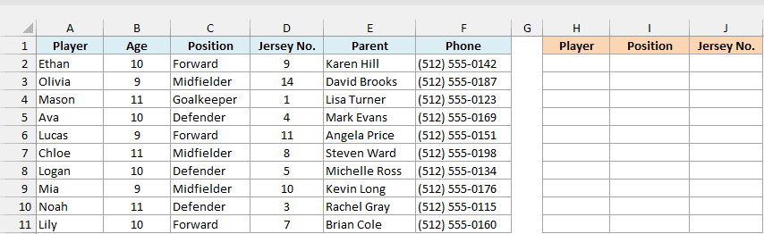 Youth soccer roster with player, age, position, jersey number, parent, and phone, beside empty Player, Position, and Jersey No. result columns