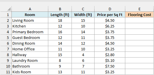 Rooms with their length, width and flooring price per square foot beside an empty Flooring Cost column