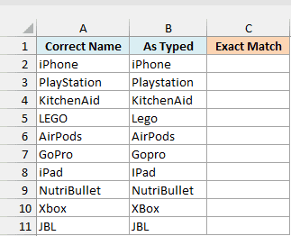 Brand names written correctly next to the same names as typed in a product catalog, beside an empty Exact Match column