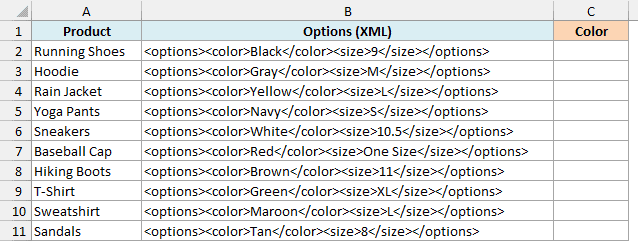 Ten products with their color and size stored as XML in column B, beside an empty Color column