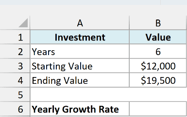 Investment card with 6 years, a $12,000 starting value, a $19,500 ending value, and an empty Yearly Growth Rate cell