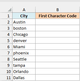 City names typed in mixed case beside an empty First Character Code column