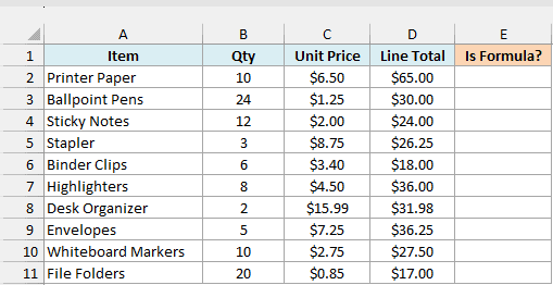 Office supply order with quantity, unit price, line total, and an empty Is Formula? column