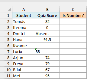 Quiz scores with Absent, a blank, text 88, and an empty Is Number? column