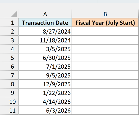 Transaction dates in column A and an empty fiscal year column B for a July start in Excel