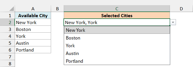 New York and York selected together in cell C2, with the city drop-down open.
