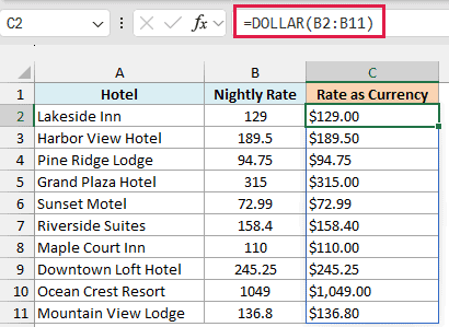 DOLLAR formula in C2 spills the rates as currency text like $189.50 and $1,049.00