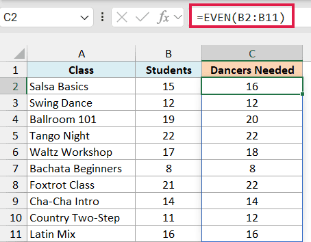 EVEN formula in C2 spills the even number of dancers each class needs, like 15 to 16