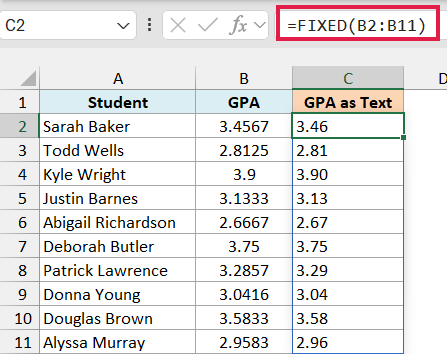 FIXED formula in C2 spills each GPA as text with two decimals, like 3.46 and 3.90