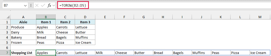 TOROW returns all 12 shopping list items in one row