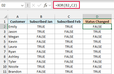 XOR formula returns TRUE for customers whose subscription status changed between January and February