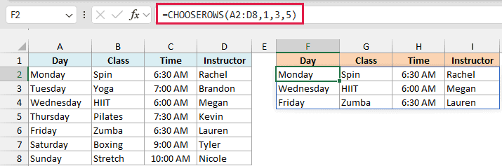 CHOOSEROWS with row numbers 1, 3, and 5 returns the Monday, Wednesday, and Friday classes, spilled into F2:I4