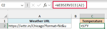 WEBSERVICE returns the text the weather service sends back, the current temperature in Chicago