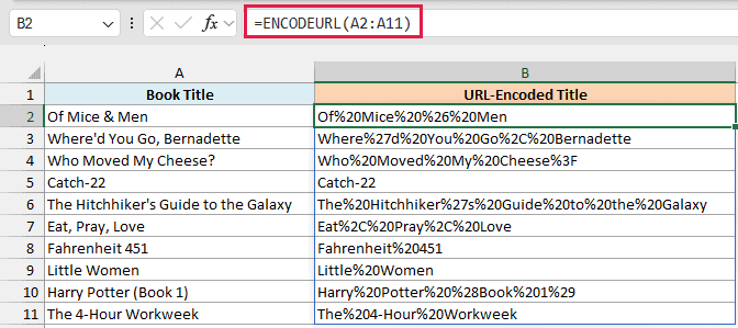 ENCODEURL formula in B2 spills the URL-encoded version of each book title