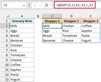 WRAPCOLS splits the 12 grocery items into three columns of four, spilled into C2:E5