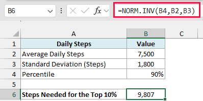 NORM.INV formula returns 9,807 as the daily steps needed to be in the top 10%