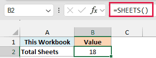 SHEETS formula with no argument returns 18, one more than the visible tabs because of a hidden sheet