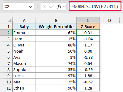 NORM.S.INV formula spills a z-score for each percentile, from -1.88 to 1.88