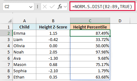 One NORM.S.DIST formula with TRUE spills a height percentile for each child, from 1.79% to 97.98%