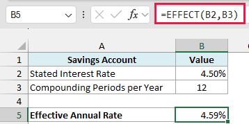 EFFECT formula returns an effective annual rate of 4.59% for the savings account