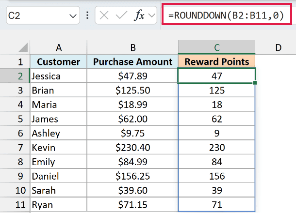 ROUNDDOWN with 0 digits spills whole reward points, so $84.99 earns 84 points