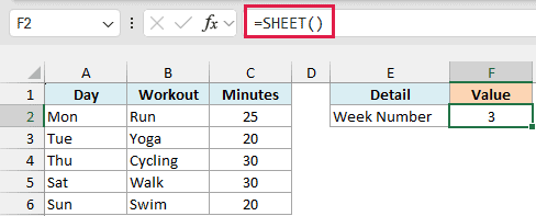 SHEET formula with no argument returns 3 as the Week Number on the Week 3 sheet