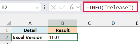 INFO release formula in B2 returning the Excel version 16.0