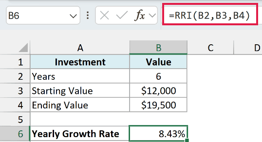 RRI formula returns a yearly growth rate (CAGR) of 8.43% for the investment