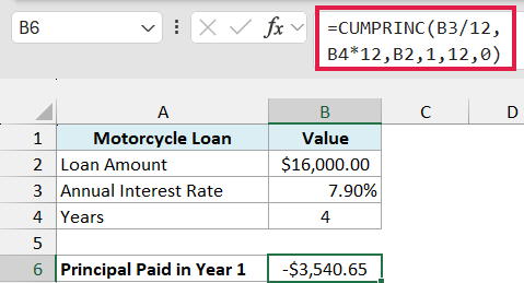 CUMPRINC formula returns -$3,540.65 as the principal paid in the first year of the motorcycle loan