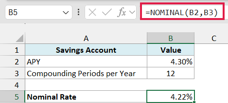 NOMINAL formula converts the 4.30% APY into a 4.22% nominal rate