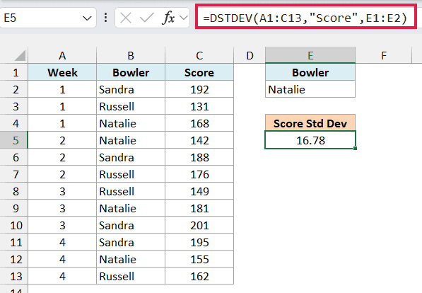 DSTDEV formula in E5 returning 16.78, the standard deviation of Natalie's scores