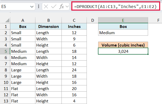 DPRODUCT formula in E5 returning 3,024 cubic inches for the Medium box