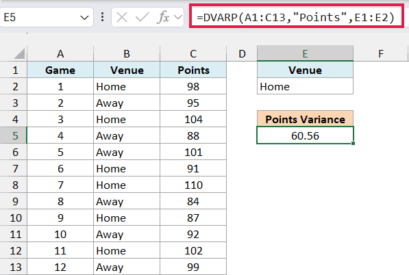DVARP formula in E5 returning 60.56, the variance of the home-game points