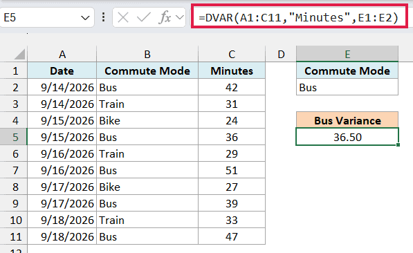 DVAR formula in E5 returning 36.50, the variance of the bus commute times