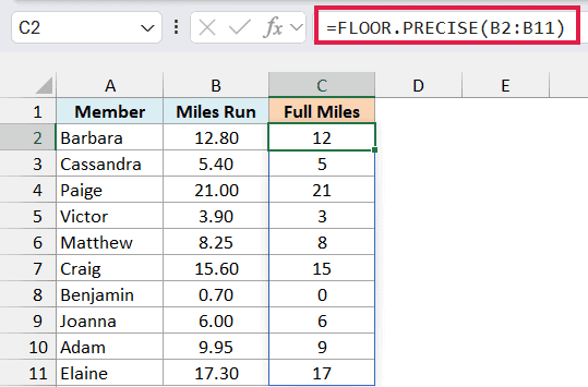 Excel formula bar showing =FLOOR.PRECISE(B2:B11) to round miles run down to the nearest whole number in column C