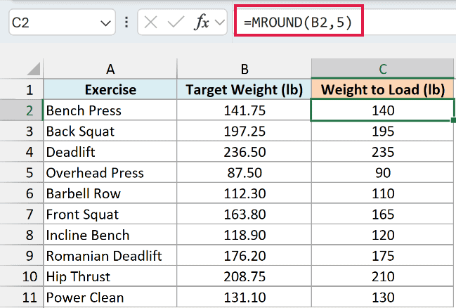 MROUND rounds each target weight to the nearest 5 lb, so 141.75 becomes 140 and 87.5 becomes 90