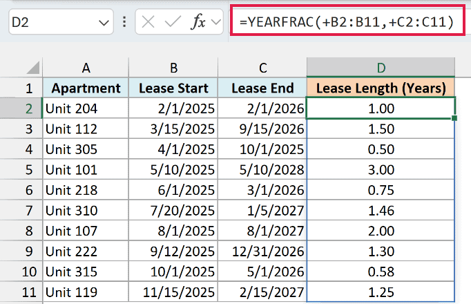 YEARFRAC with a plus sign before each range spills the lease length in years for all ten apartments