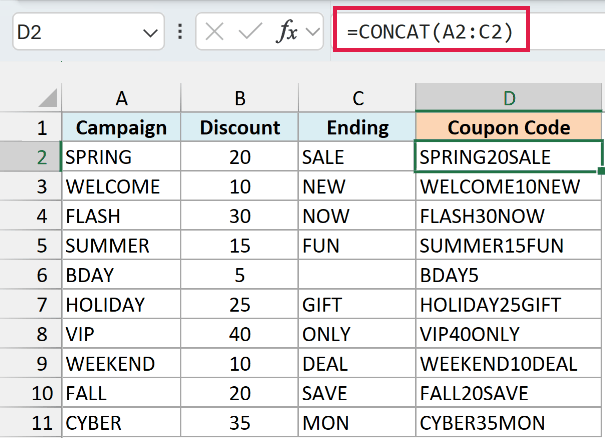 CONCAT formula joins the campaign, discount, and ending in each row into a coupon code.